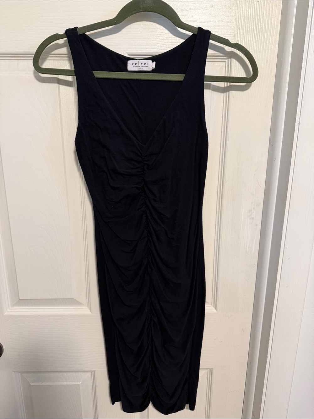 Velvet Black Sleeveless Ruched V-Neck Midi Dress